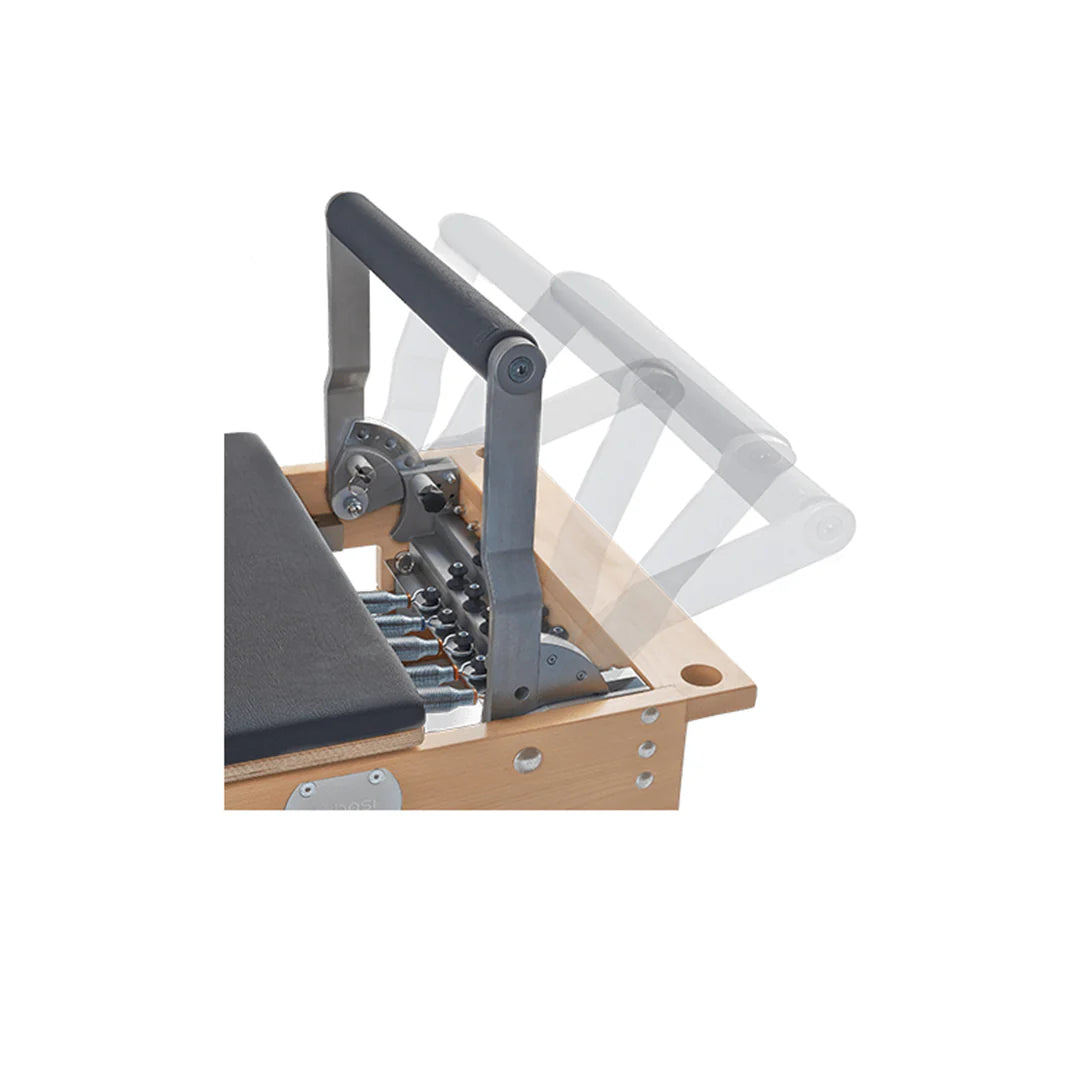 Adjustable footbar mechanism on the BASI Systems Reformer, showcasing multiple gear positions for personalized foot placement and workout angles.