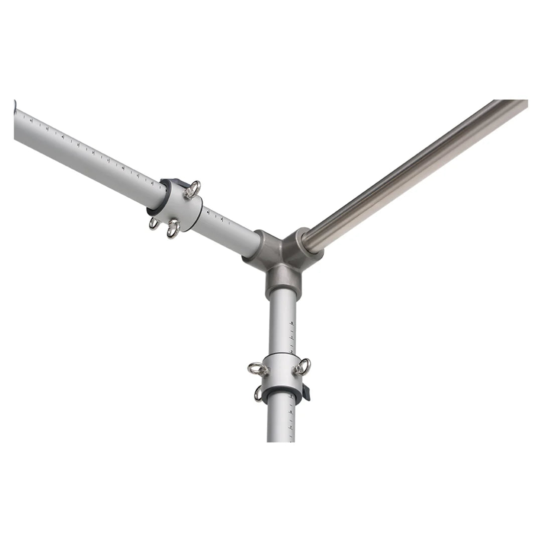 Close-up view of the adjustable Y-shaped aluminum frame joint from the BASI System