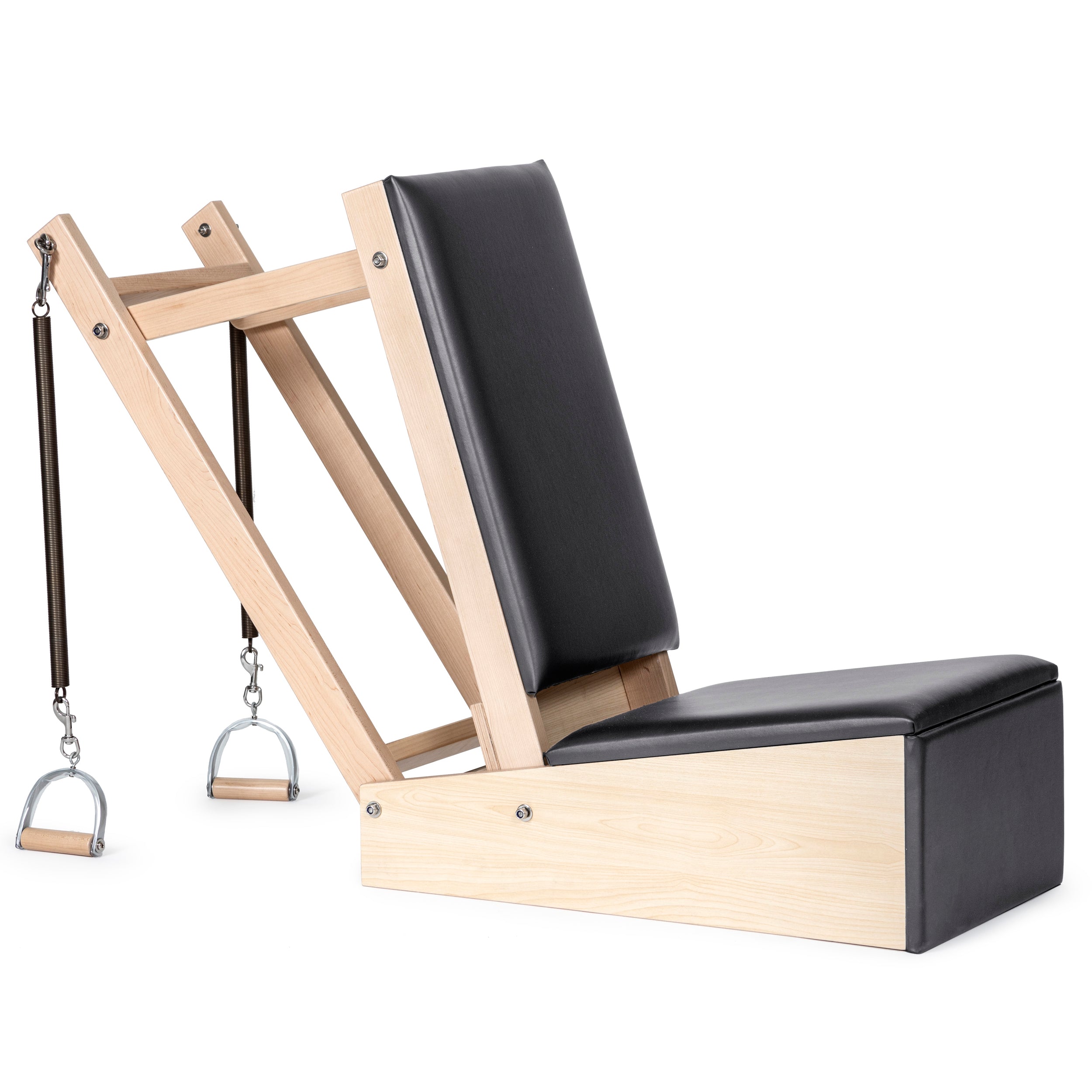 A wooden Pilates chair with a padded seat and backrest, adjustable resistance springs, and metal hand grips, used for fitness, flexibility, and rehabilitation exercises.