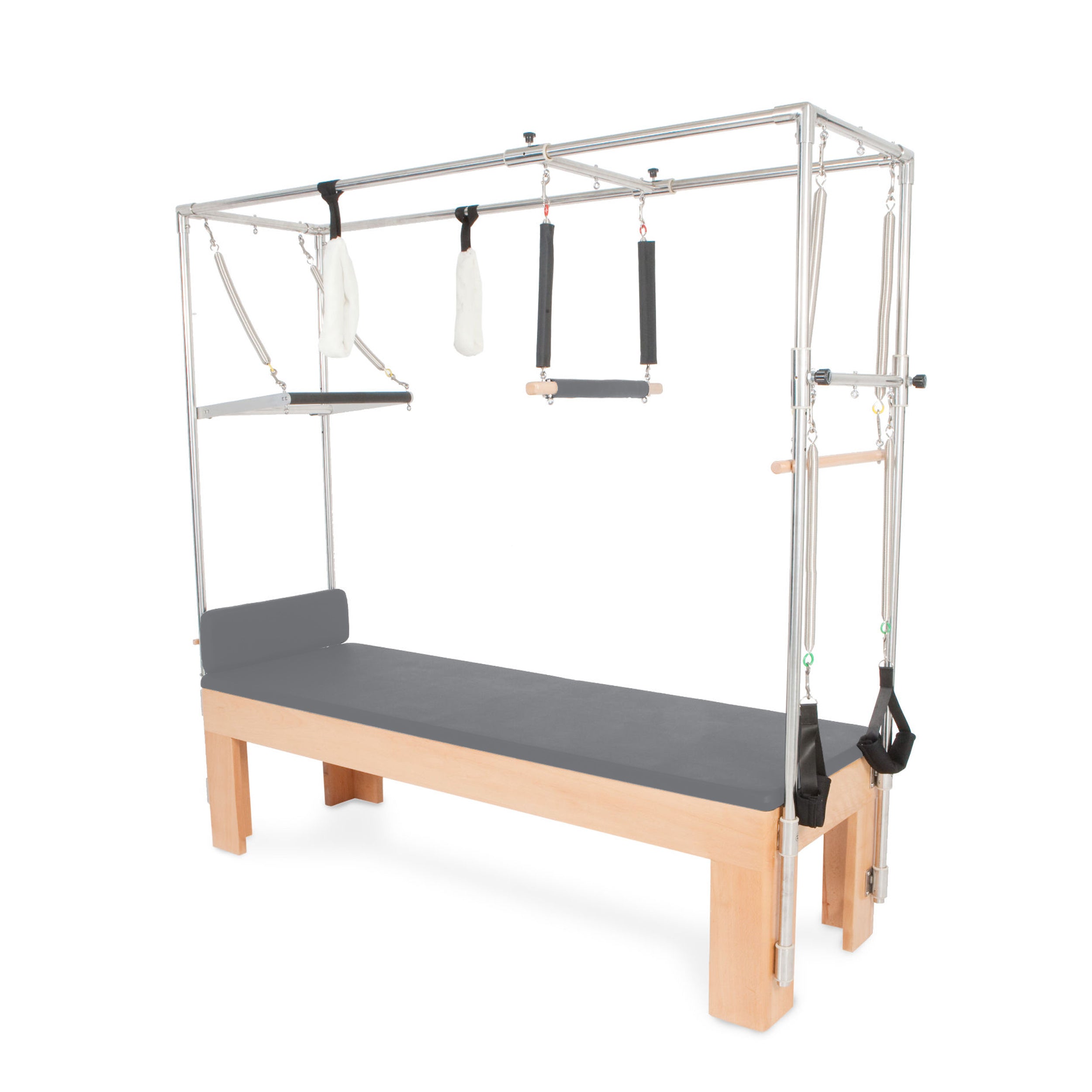 Professional Pilates Cadillac Reformer with trapeze tower, padded table, and adjustable attachments for full-body workout and rehabilitation exercises.