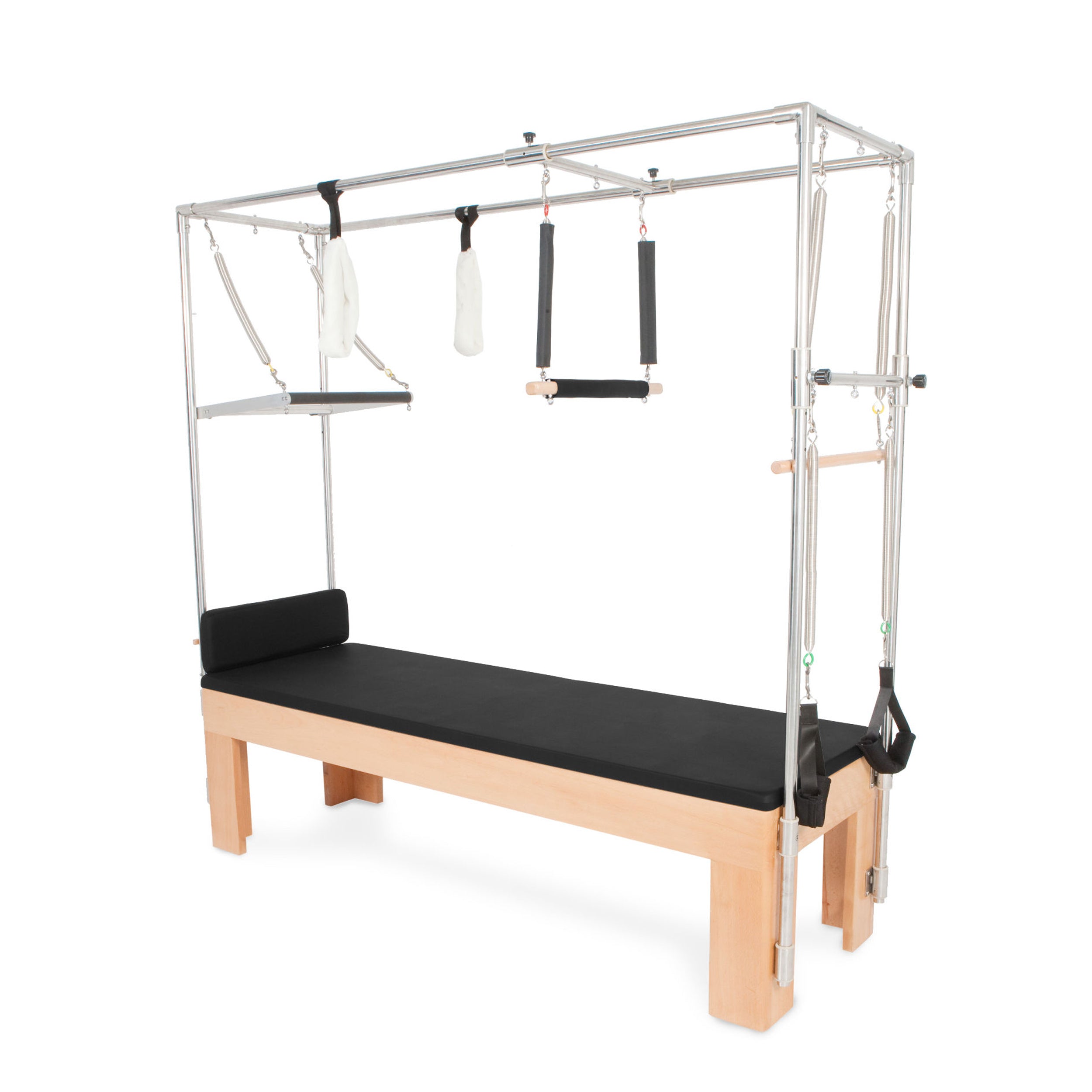 Professional Pilates Cadillac Reformer with trapeze tower, padded table, and adjustable attachments for full-body workout and rehabilitation exercises.