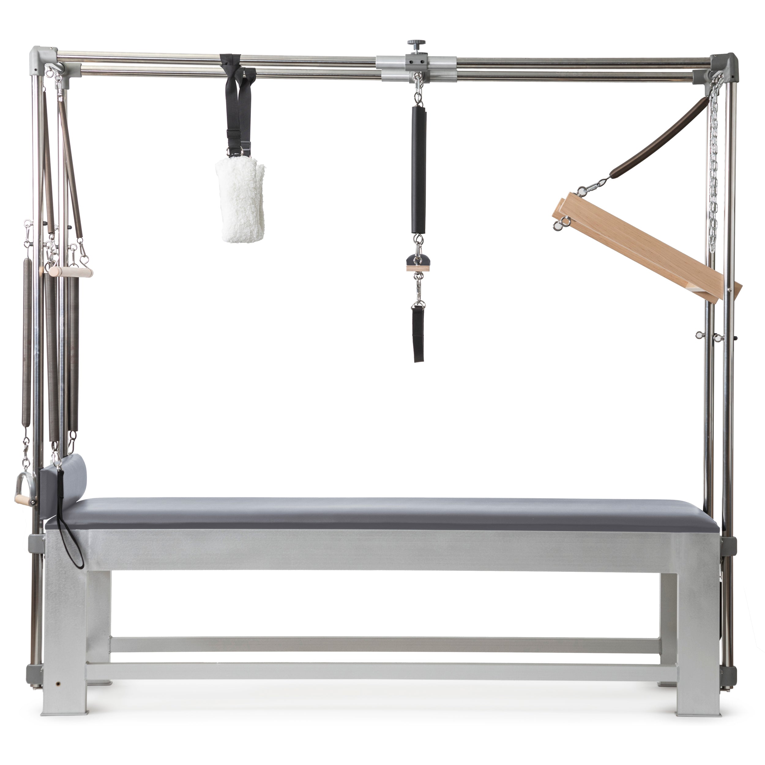A professional Pilates Cadillac reformer machine with padded table, adjustable metal frame, resistance springs, hand grips, straps, and wooden bars for therapeutic and fitness exercises.
