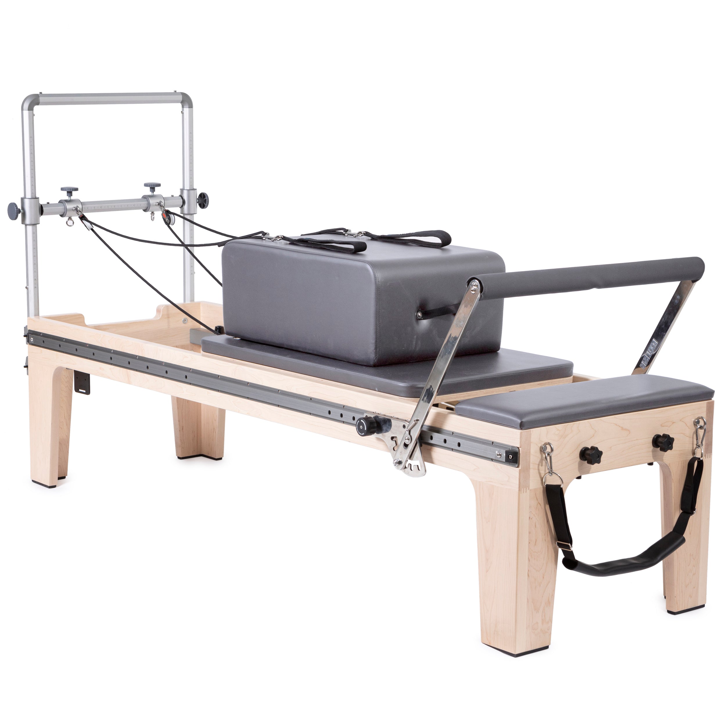 Elina Pilates Master Instructor Physio Reformer with padded jump board, mini tower, and extra-wide box on American maple wood frame.