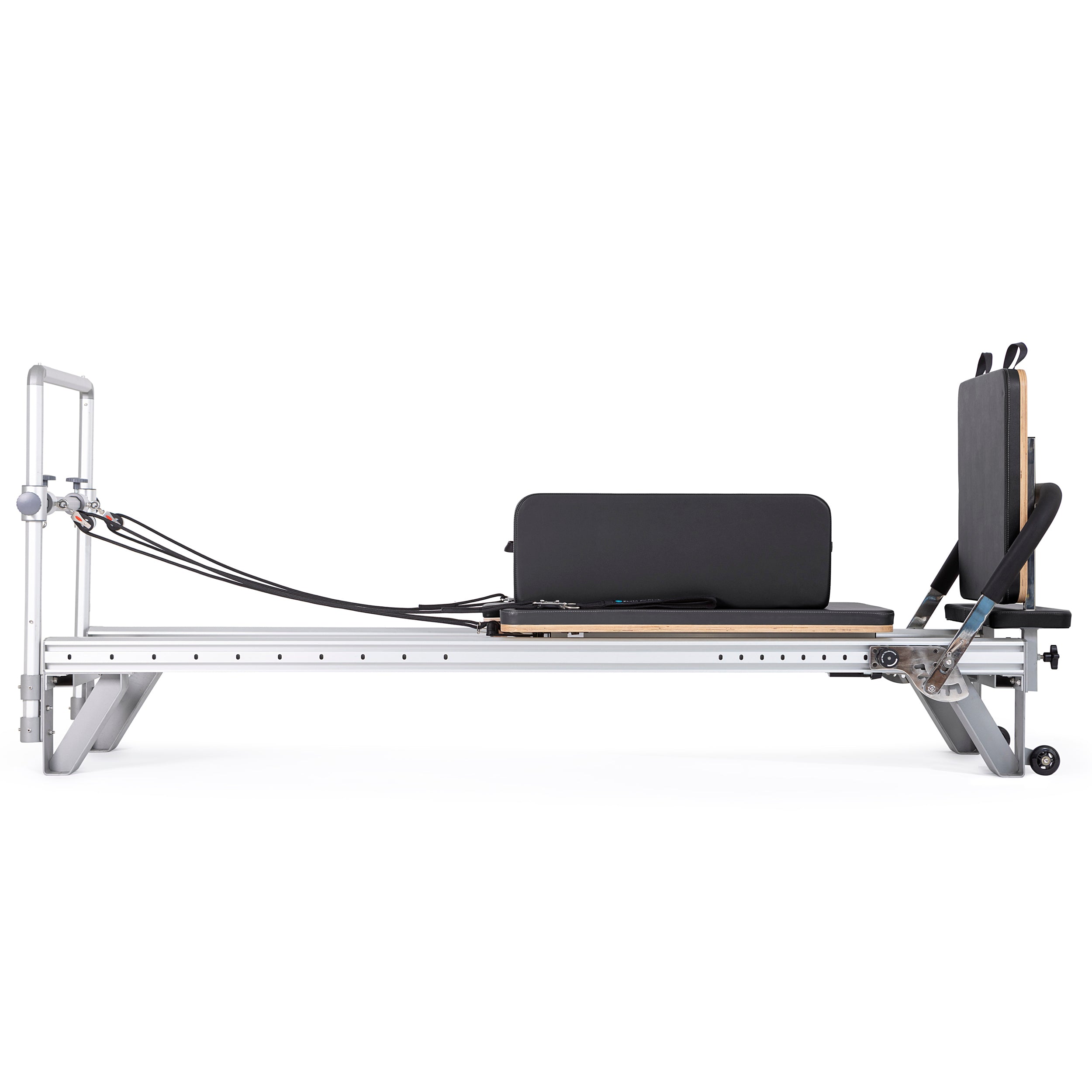 Pilates reformer with a black seat and white frame, featuring adjustable components for versatile training and comfort.