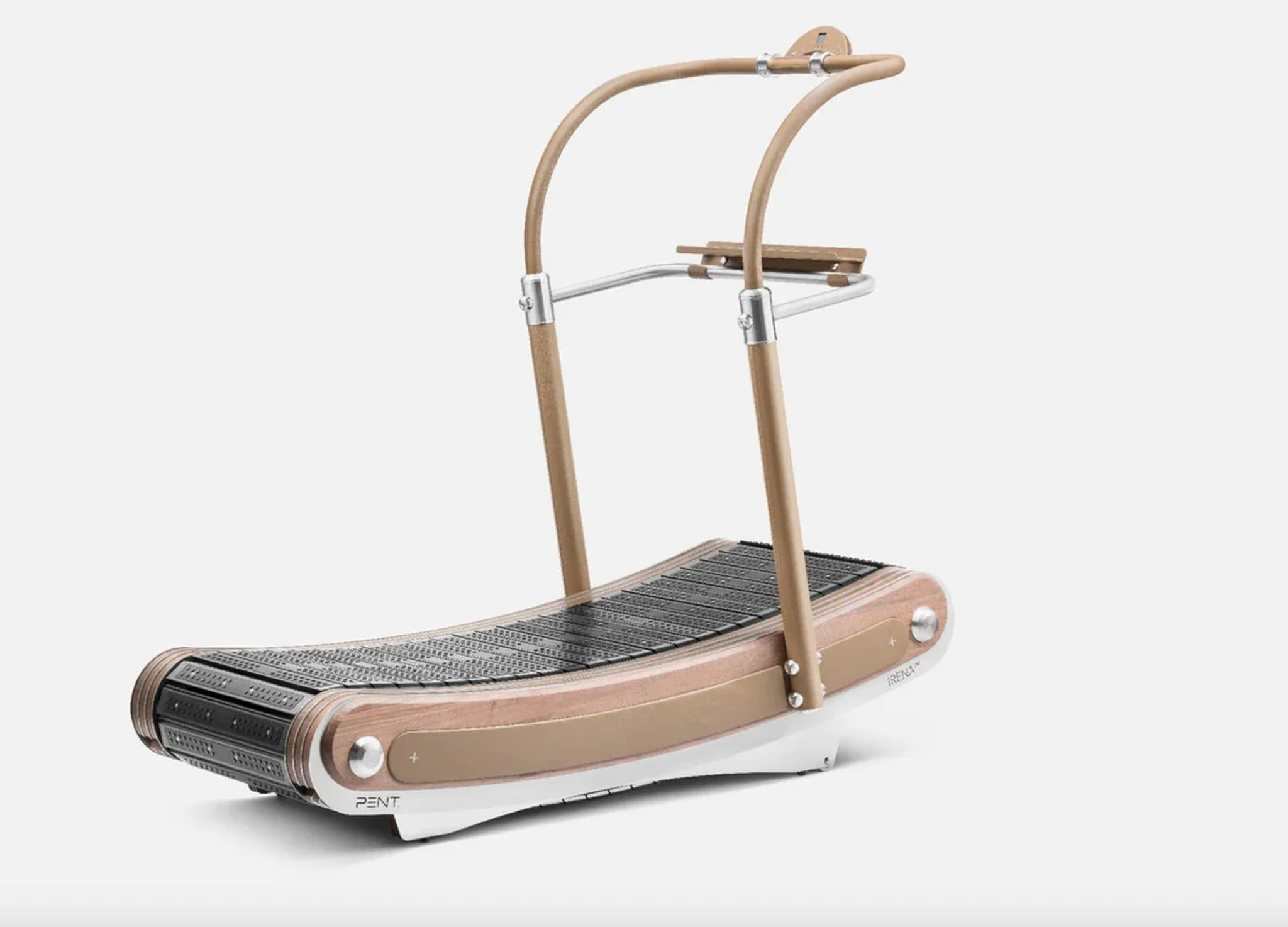 The PENT. IRENA™ luxury curved manual treadmill featuring elegant stainless steel, bronze, and natural wood design, ideal for premium home, hotel, or yacht gyms.
