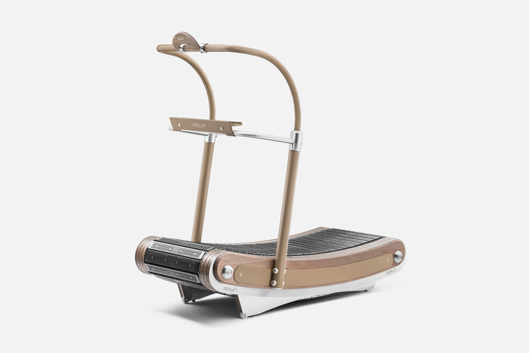 The PENT. IRENA™ luxury curved manual treadmill featuring elegant stainless steel, bronze, and natural wood design, ideal for premium home, hotel, or yacht gyms.