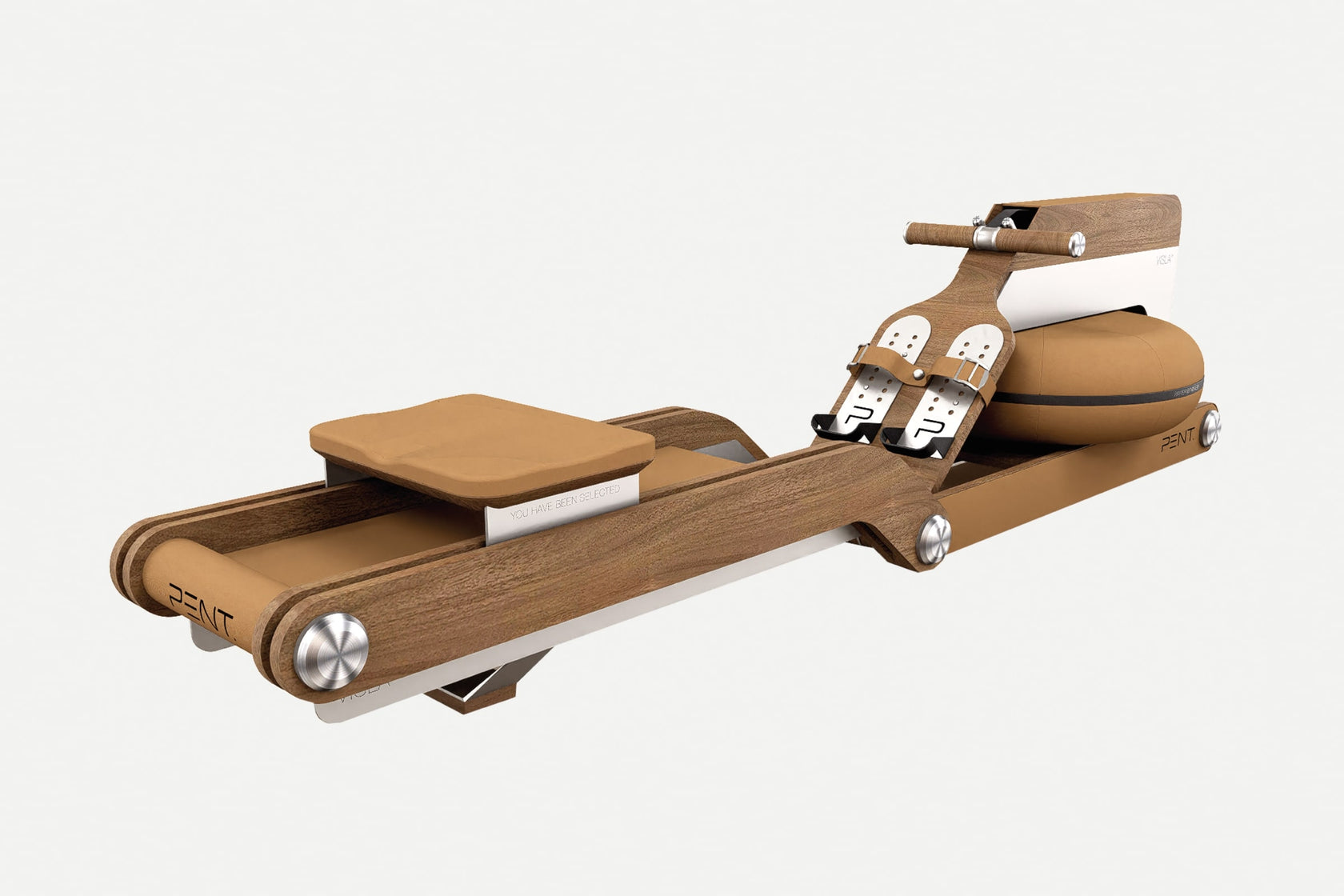 The PENT. VISLA™ luxury manual rowing ergometer, crafted from premium materials like wood, stainless steel, and leather, designed for a seamless workout experience.