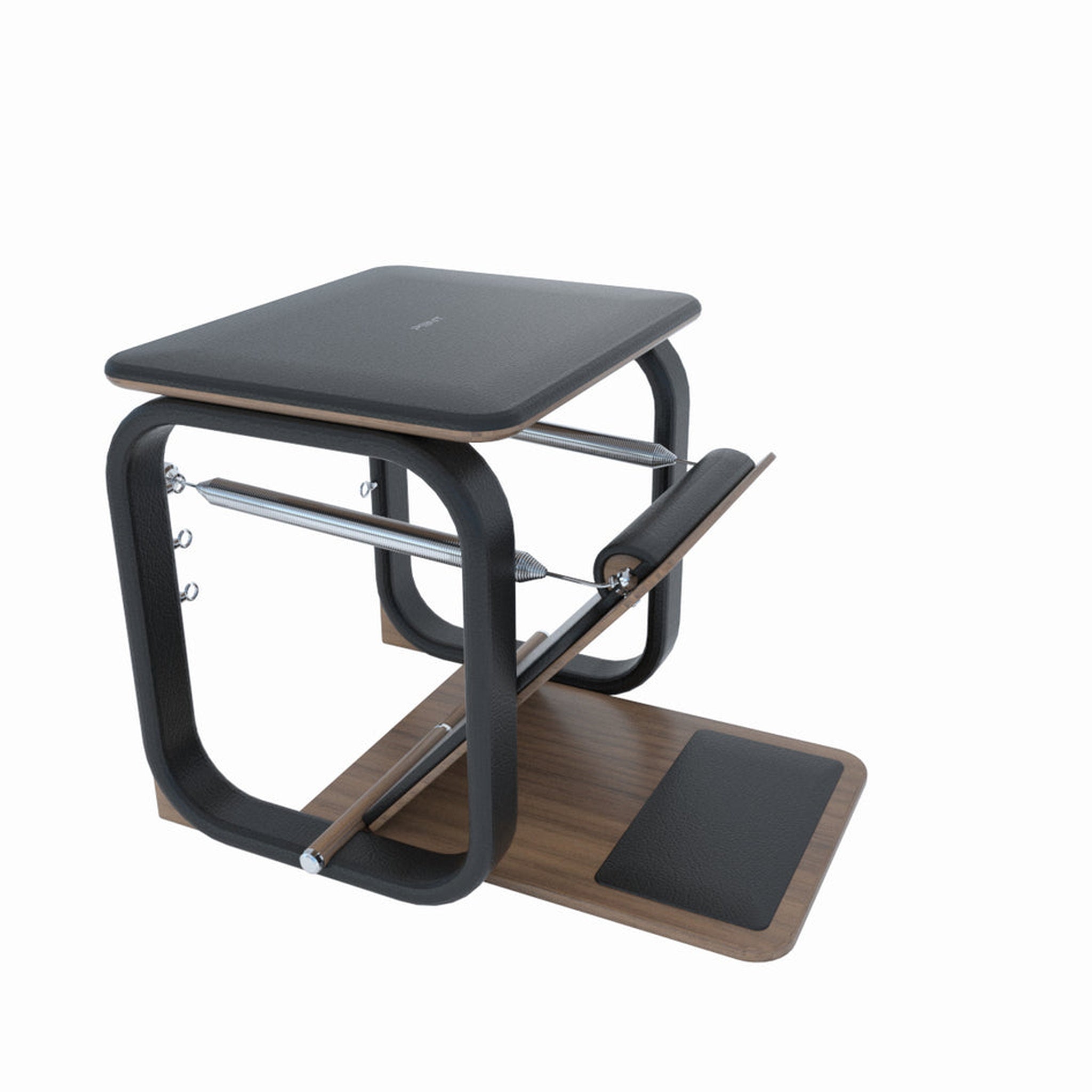 PX10™ Wunda Chair™ luxury Pilates equipment featuring a sleek design with natural wood and leather-textured finishes, ideal for strength, flexibility, and core stability workouts.