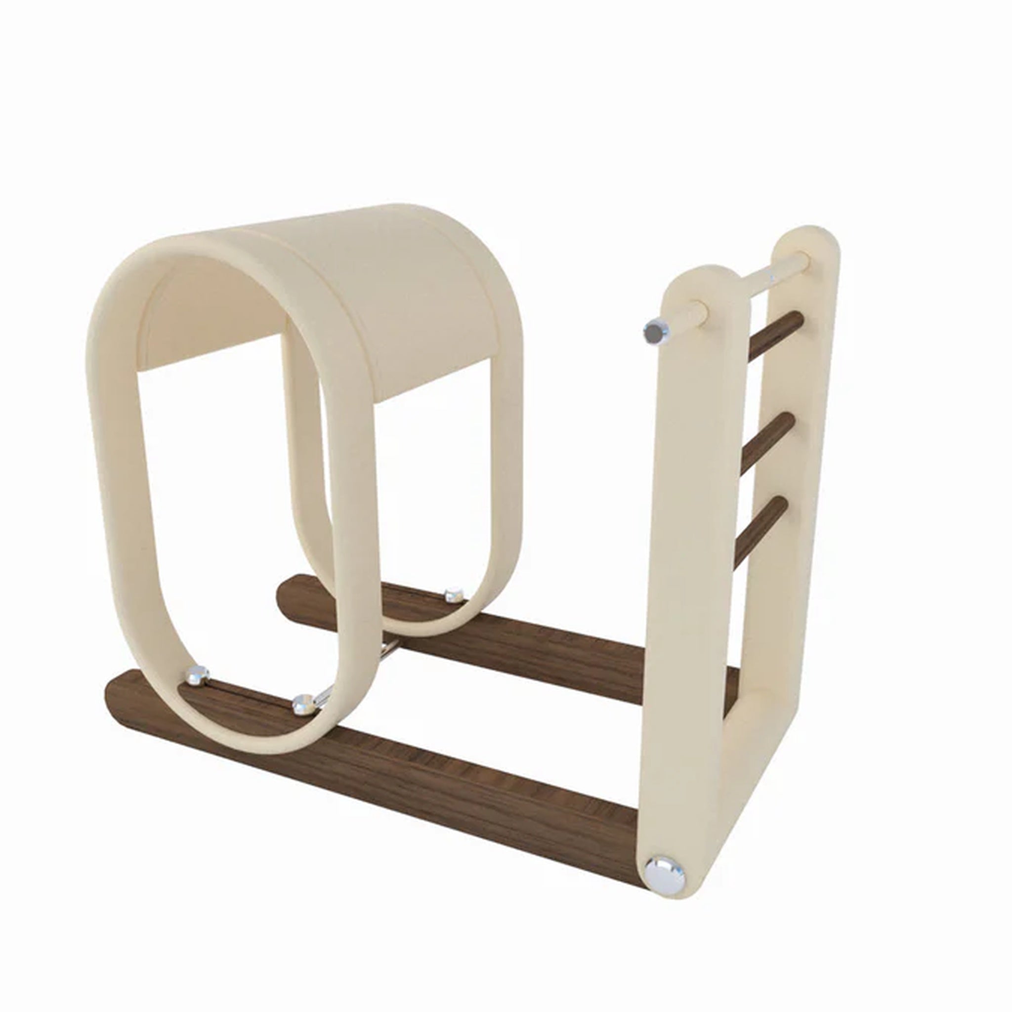 The PENT. PX30™ Pilates Barrel, crafted from polished wood and leather-like upholstery, designed for flexibility, alignment, and core strength exercises. A sophisticated addition to any home or studio workout space.
