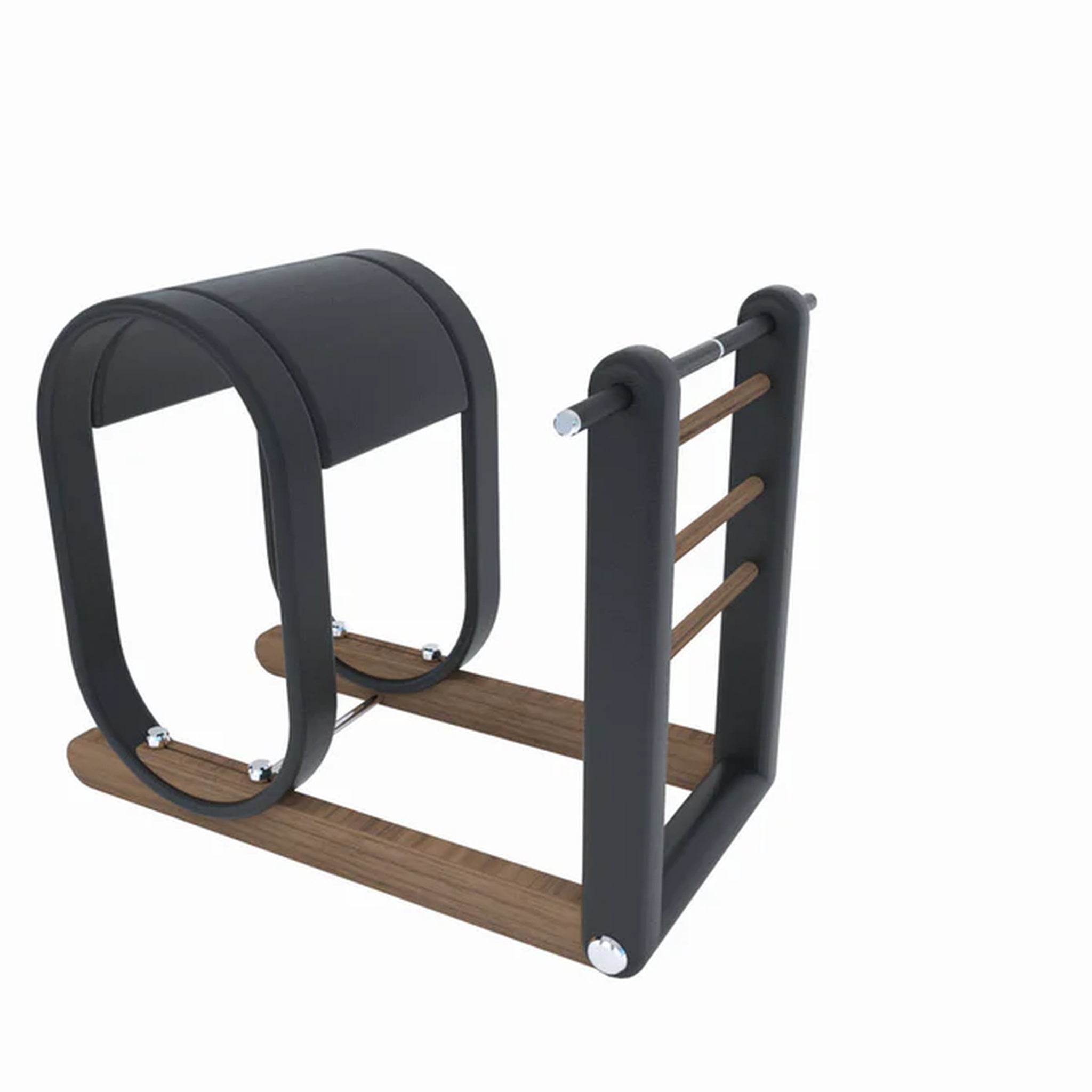 The PENT. PX30™ Pilates Barrel, crafted from polished wood and leather-like upholstery, designed for flexibility, alignment, and core strength exercises. A sophisticated addition to any home or studio workout space.