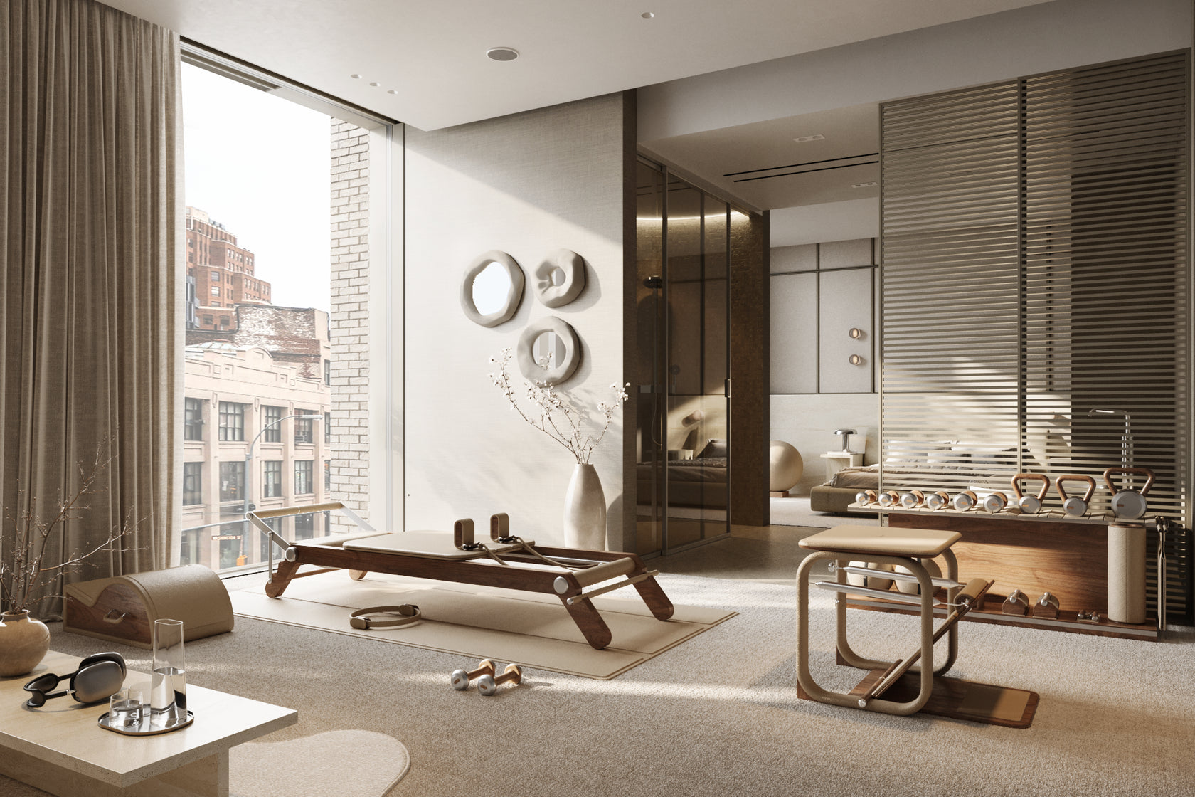 PX10™ Wunda Chair™ luxury Pilates equipment featuring a sleek design with natural wood and leather-textured finishes, ideal for strength, flexibility, and core stability workouts.