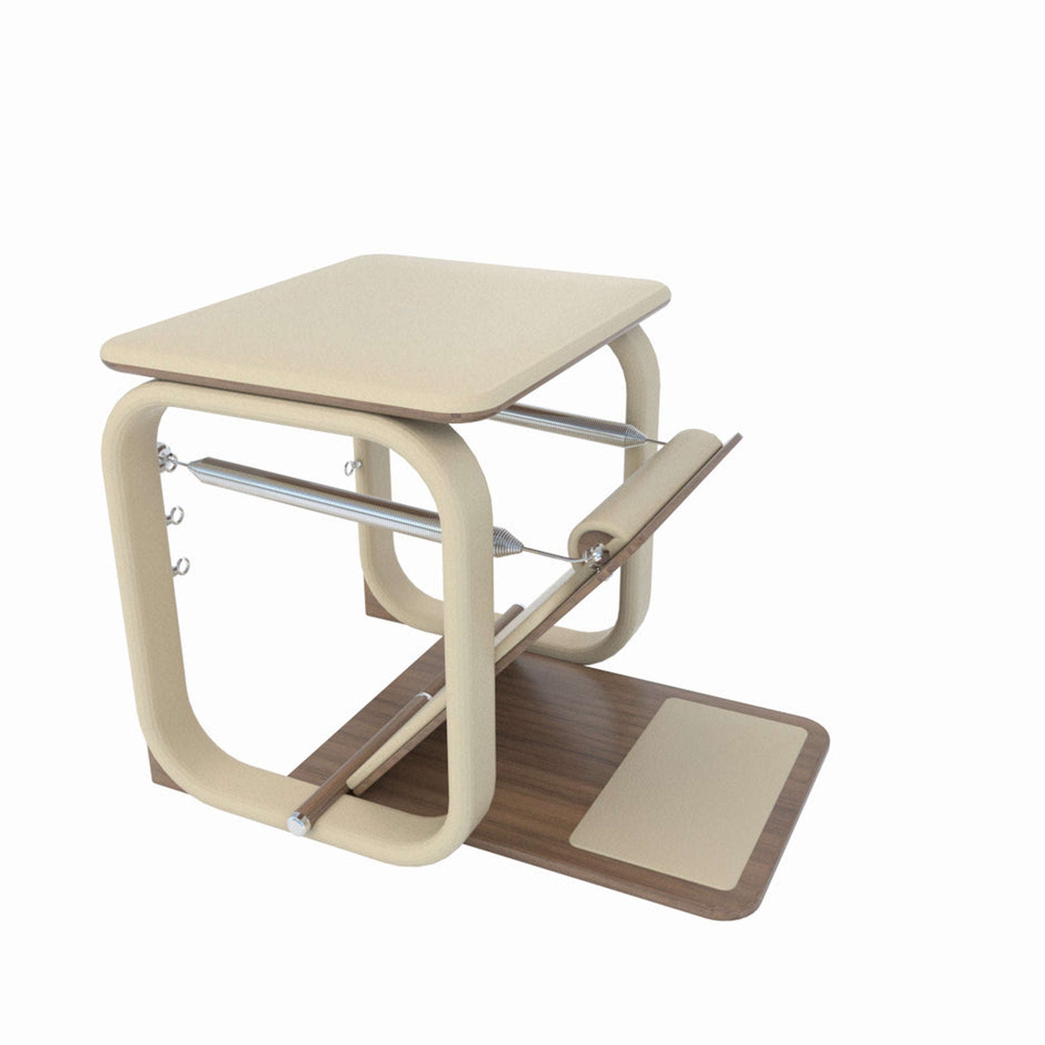 PX10™ Wunda Chair™ luxury Pilates equipment featuring a sleek design with natural wood and leather-textured finishes, ideal for strength, flexibility, and core stability workouts.