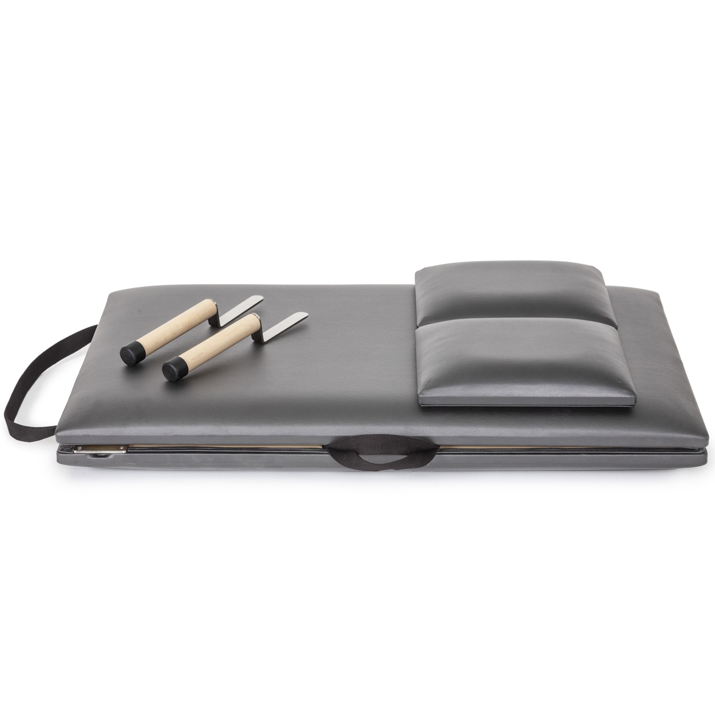 A gray and black folding exercise mat, designed for workouts and easy storage.