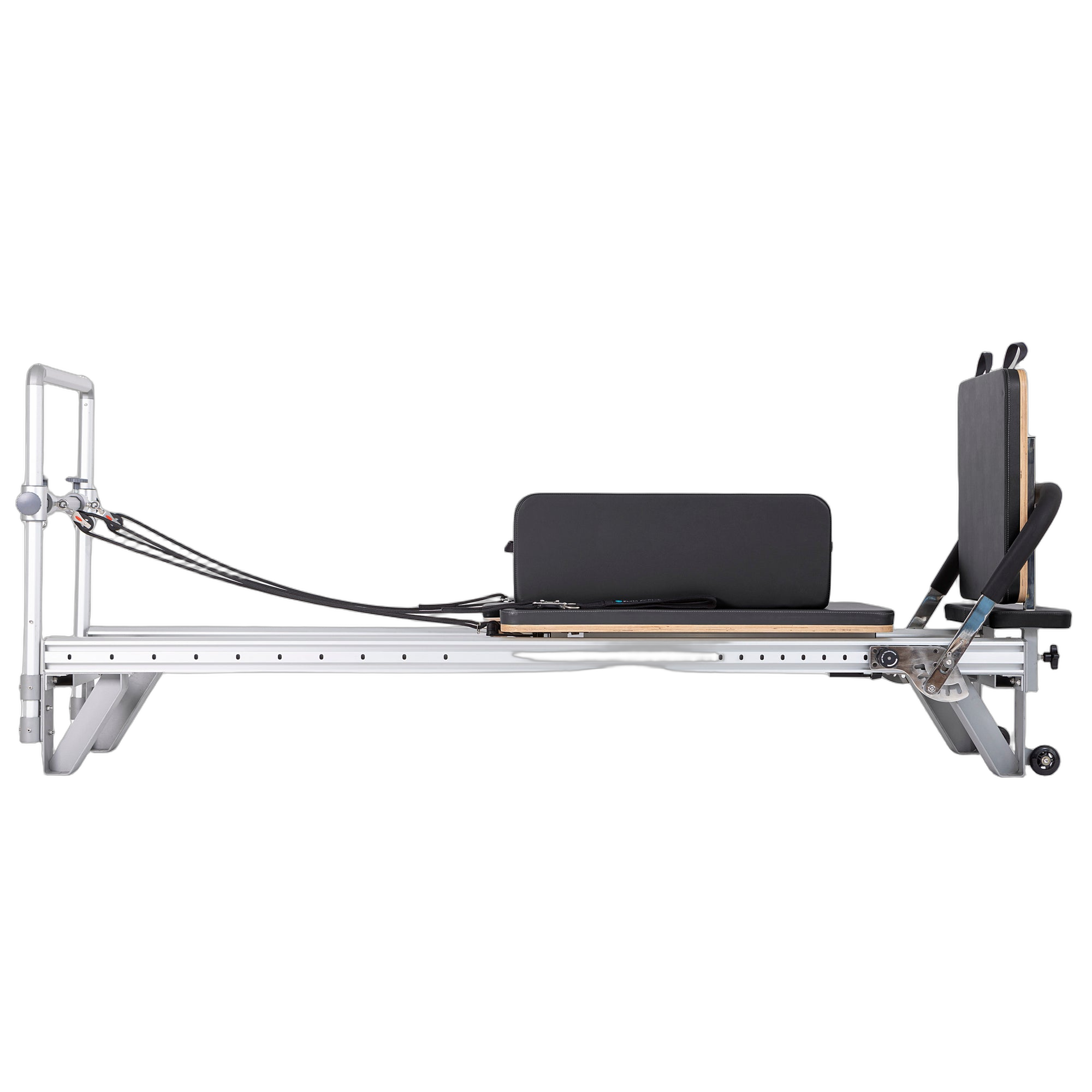Pilates reformer with a black seat and white frame, featuring adjustable components for versatile training and comfort
