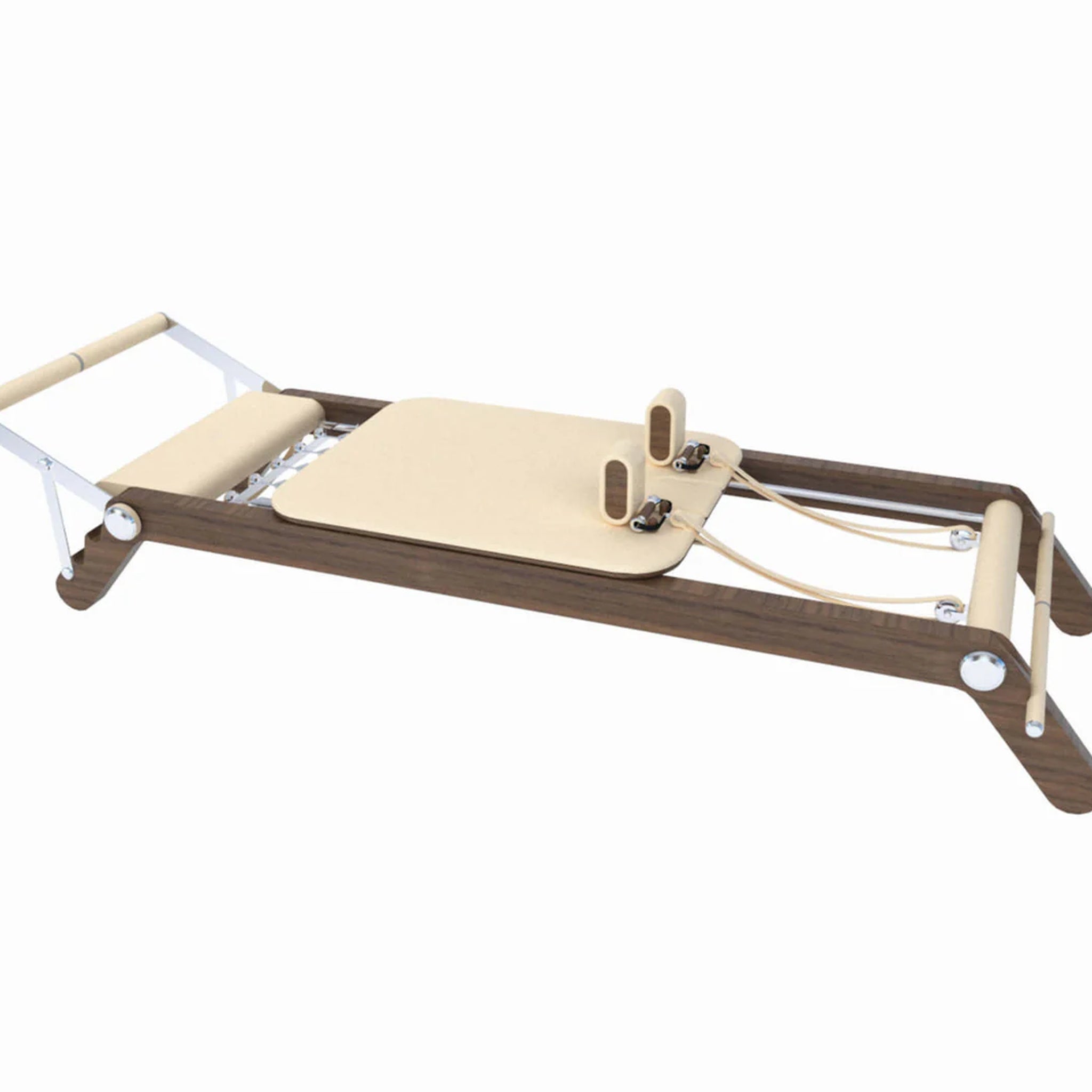 Elegant PX50 Reformer by PENT, designed with a luxurious wooden frame and beige leather upholstery.