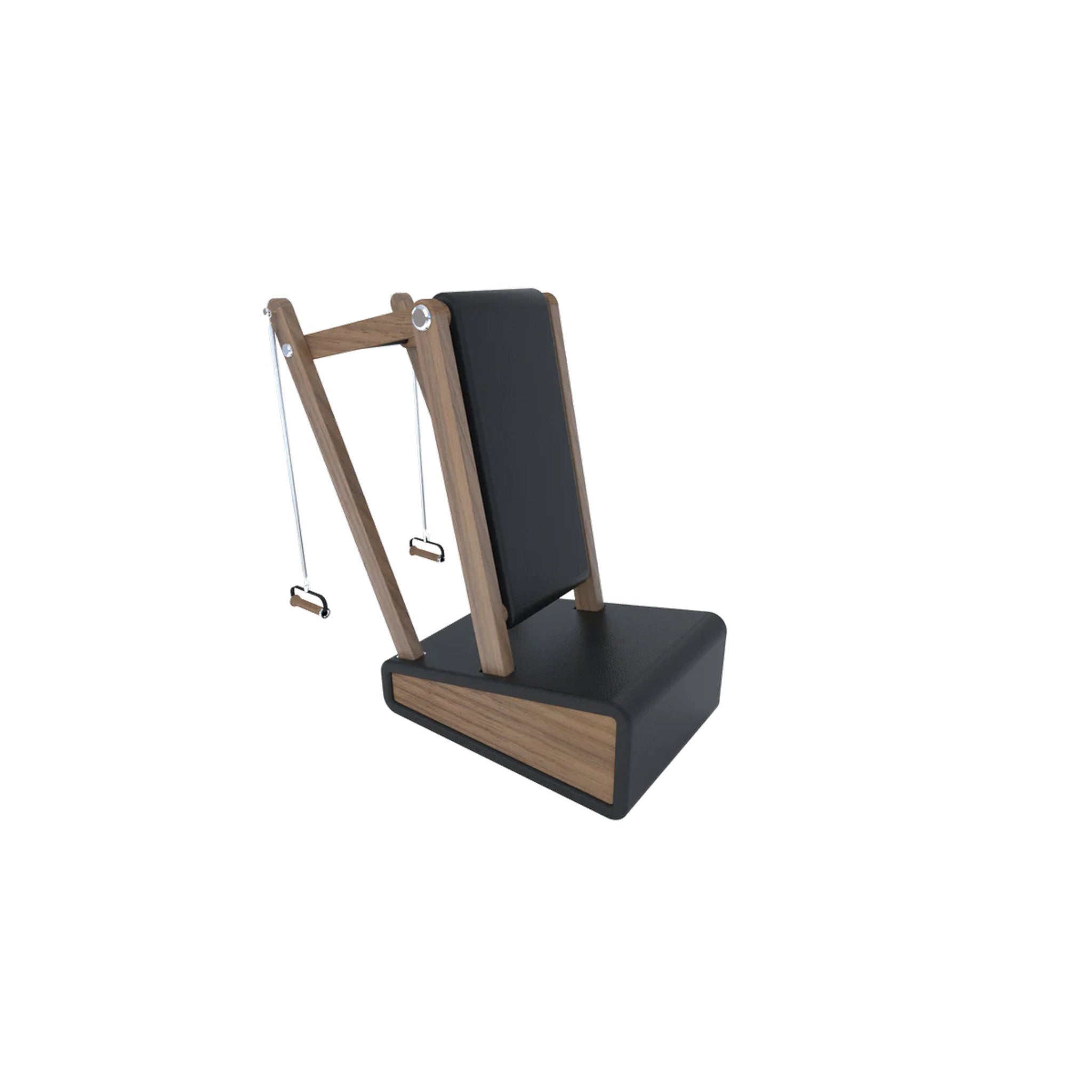 Side angle of PENT Pilates Baby Chair showing wooden frame and padding