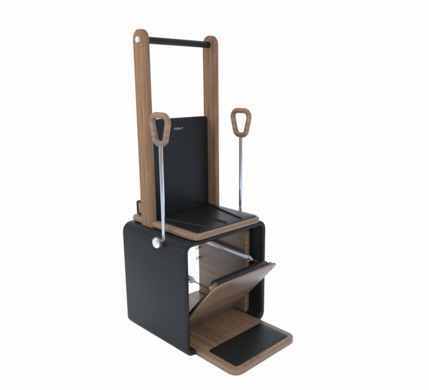 The PENT. PX50™ High Chair, a luxurious Pilates apparatus made from premium materials, featuring elegant wood, leather upholstery, and stainless steel accents for a refined workout experience.