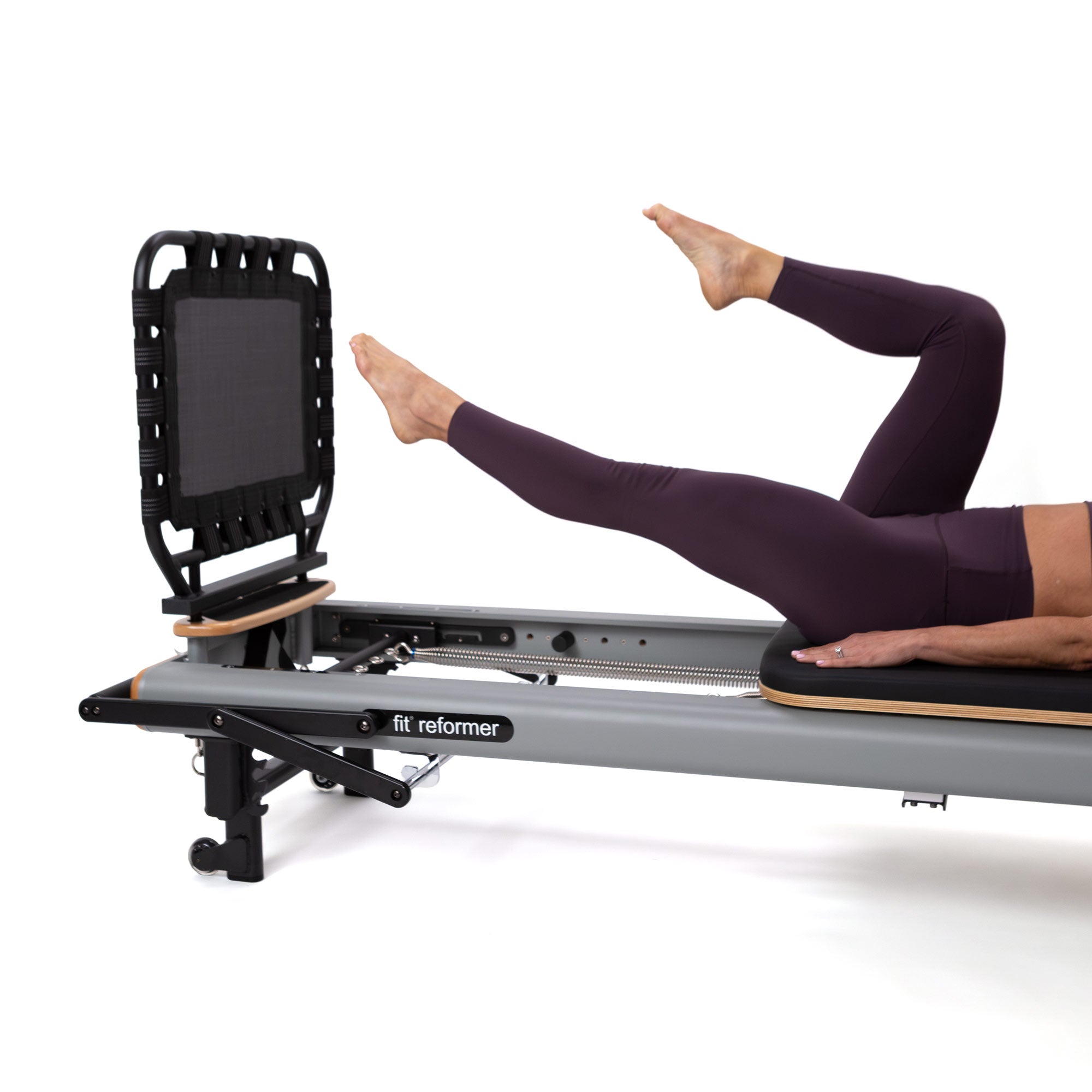 fit Reformer with Rebounder Jump Board, grey and beech, side view