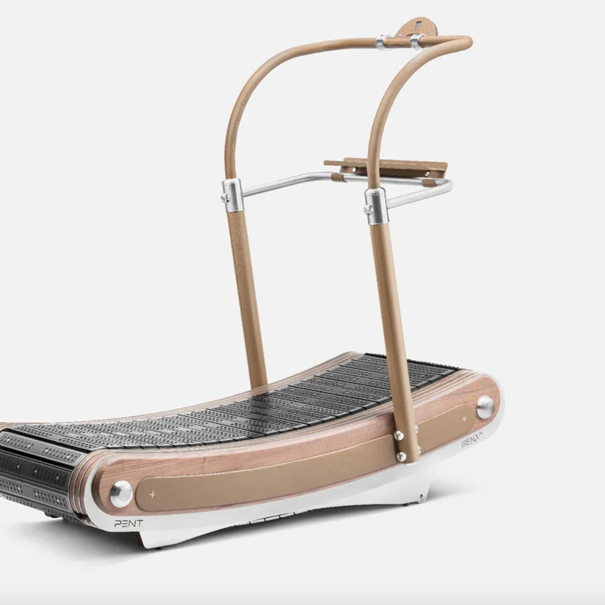 The PENT. IRENA™ luxury curved manual treadmill featuring elegant stainless steel, bronze, and natural wood design, ideal for premium home, hotel, or yacht gyms.