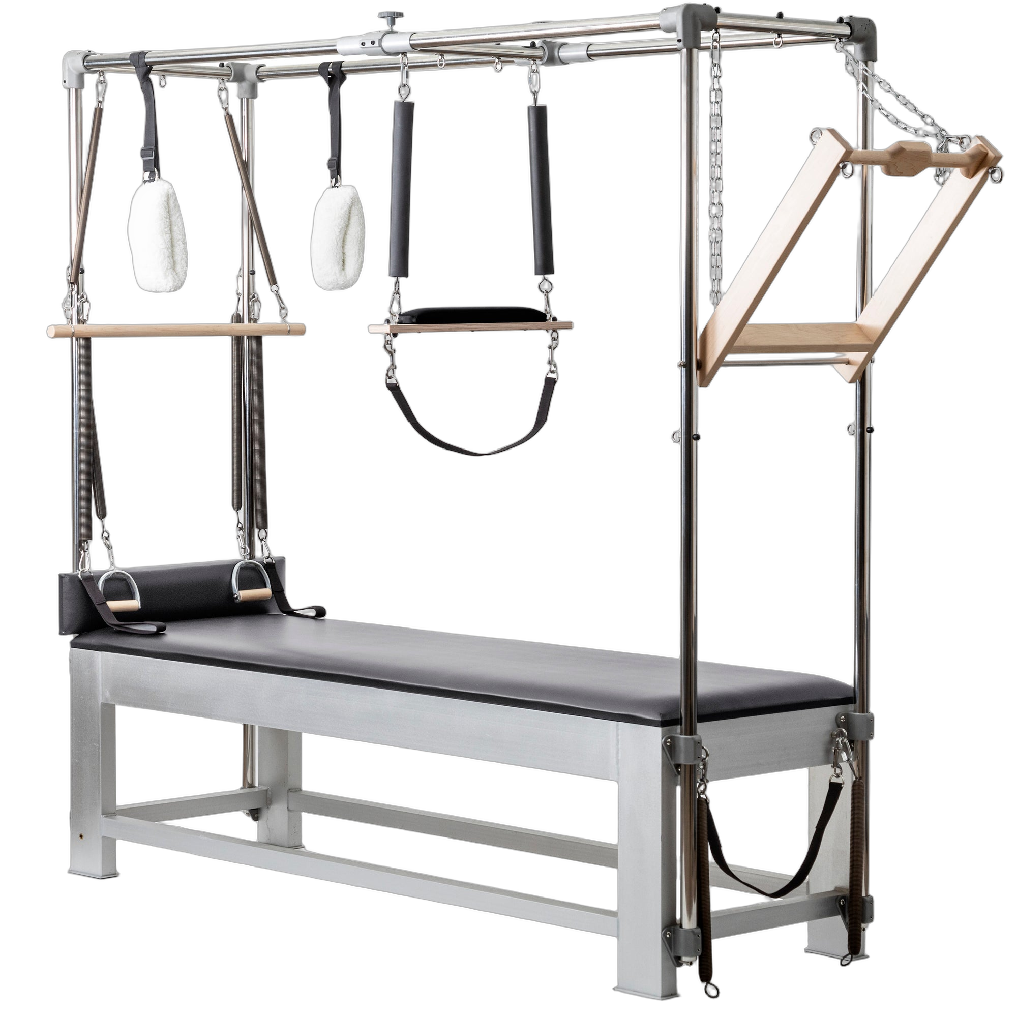A professional Pilates Cadillac reformer machine with padded table, adjustable metal frame, resistance springs, hand grips, s