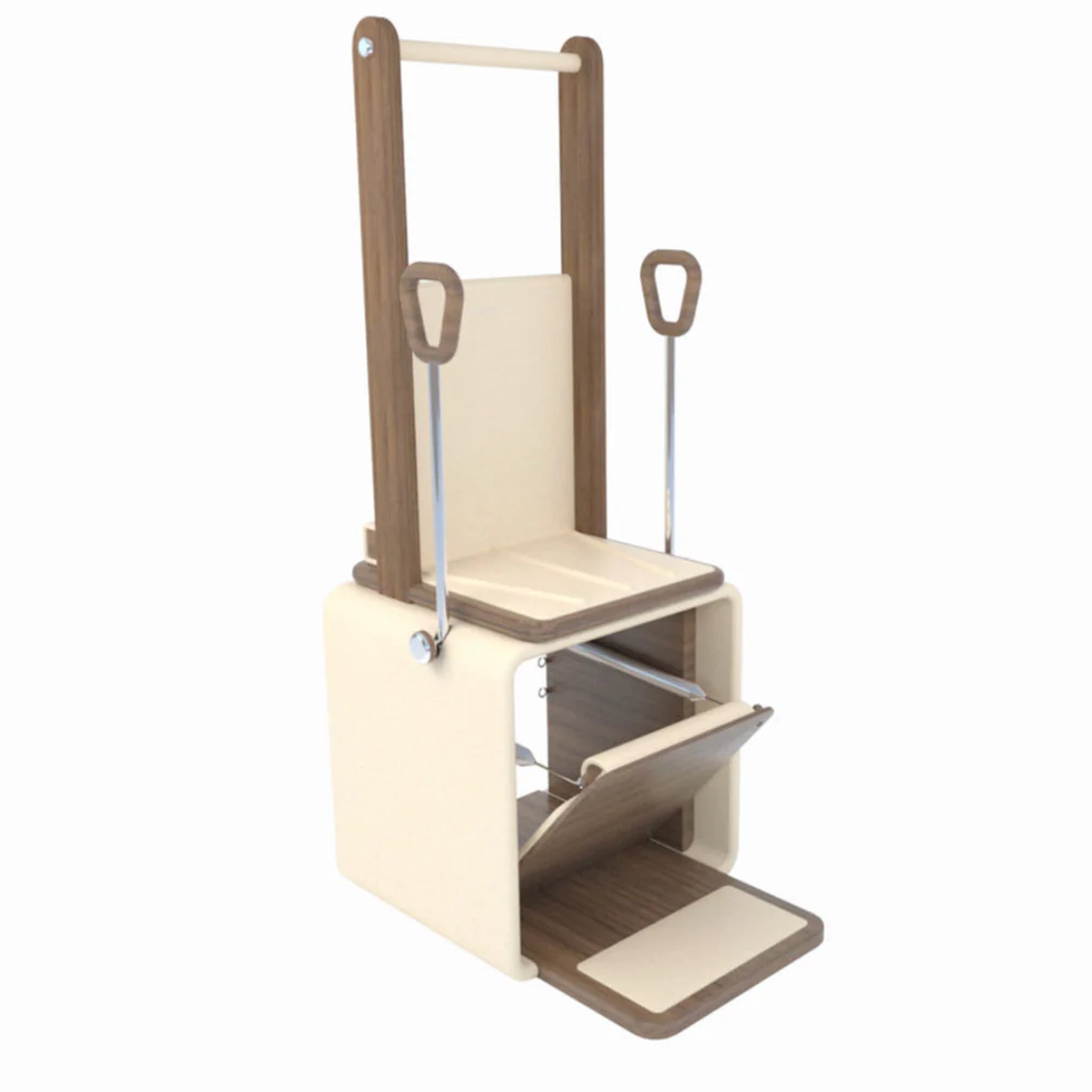 The PENT. PX50™ High Chair, a luxurious Pilates apparatus made from premium materials, featuring elegant wood, leather upholstery, and stainless steel accents for a refined workout experience.