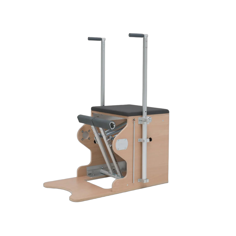 Pilates Wunda Chair with split pedals, handles, springs, and cushioned wooden seat